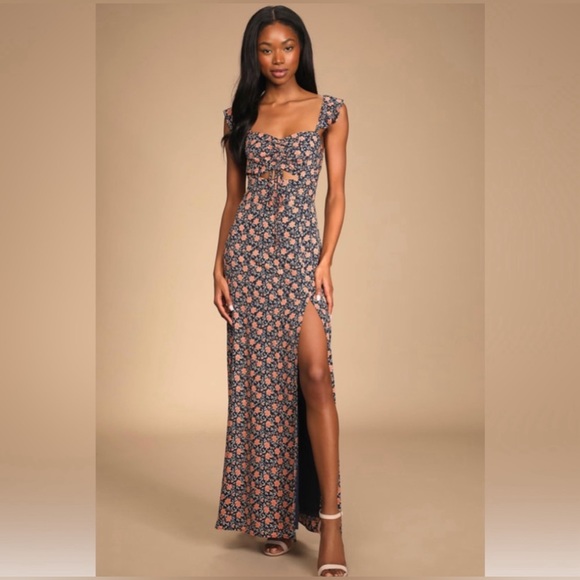 The Way to Love Navy Blue Floral Print Ruffled Maxi Dress XS - Picture 2 of 8